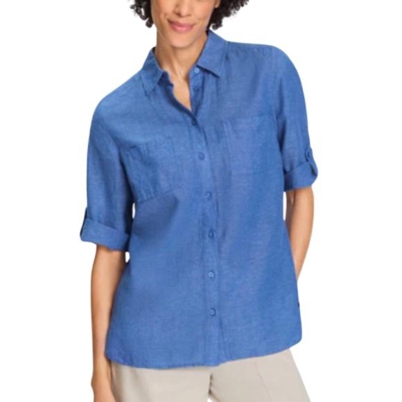 Olsen Linen Tab Sleeve Collared Button Up Ocean Breeze Blue Coastal Size S-M 8 - Picture 1 of 12